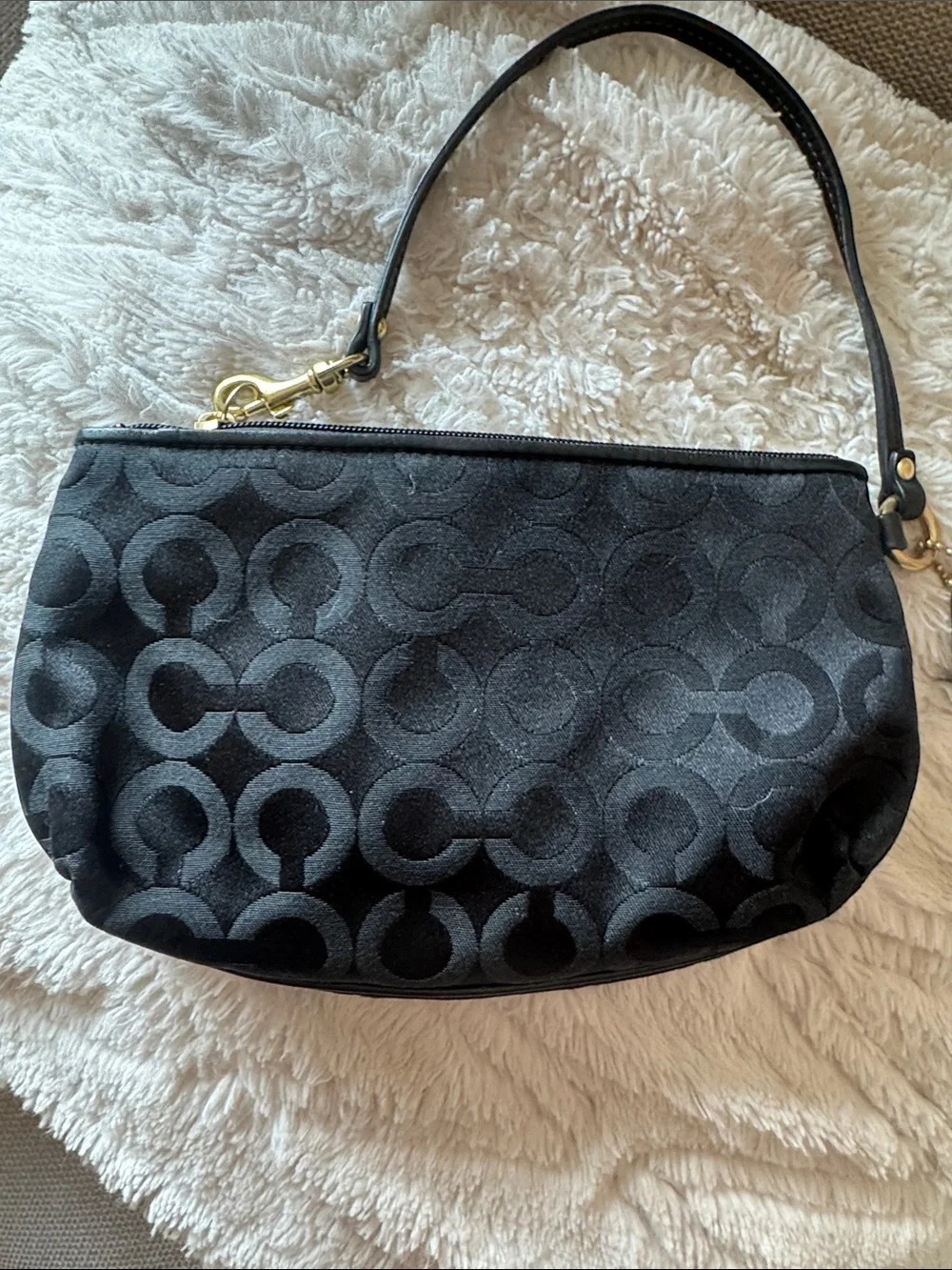 Coach Black Signature Jacquard Pleated Wristlet with Gold Hardware